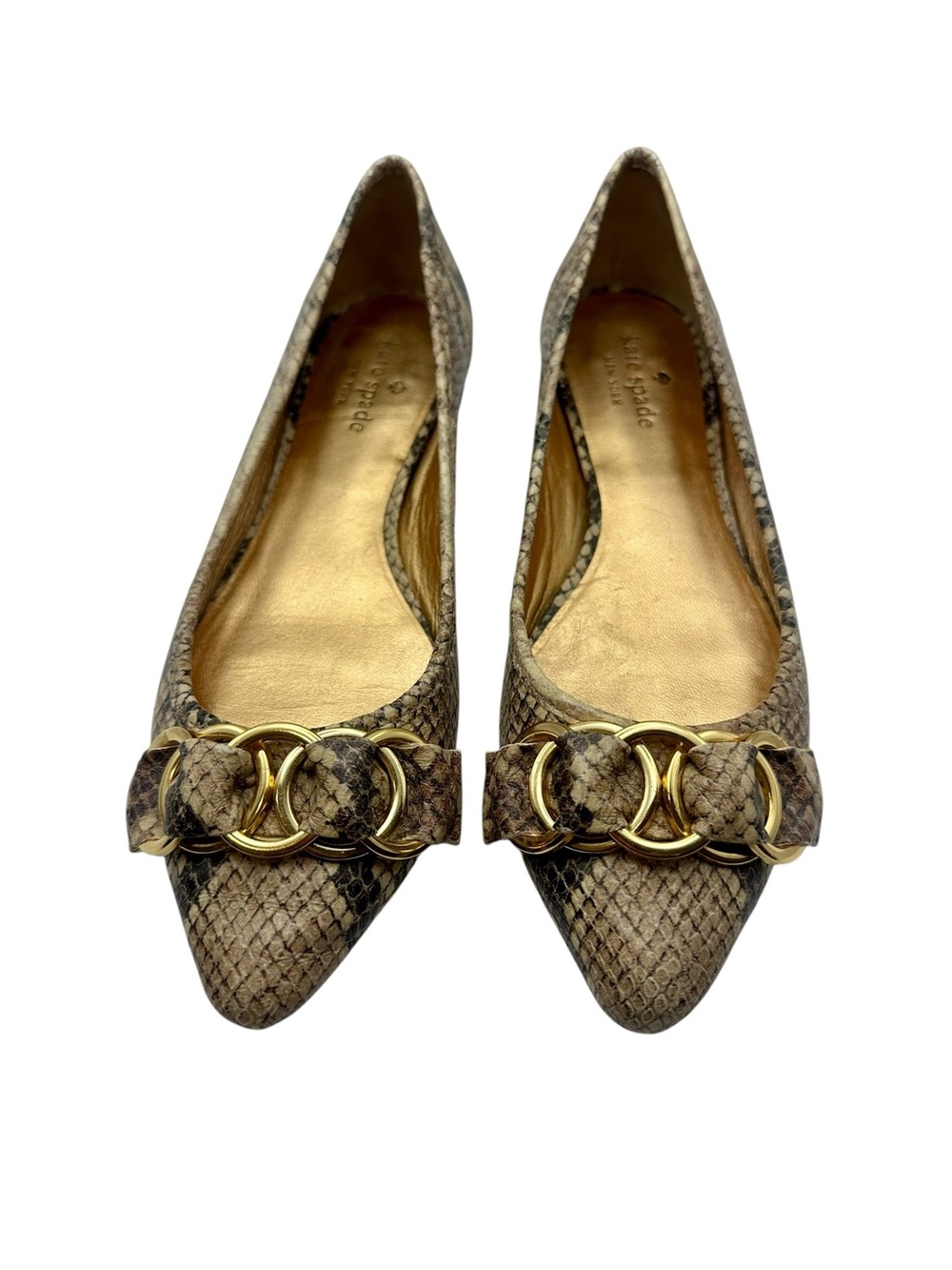 Kate Spade New York Brown Snake-Print Pointed Toe Flats with Gold Buckle